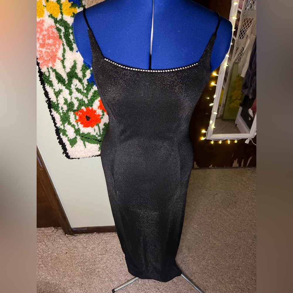 Jessica McClintock Gunne Sax Black Midi Dress with Rhinestone Accents